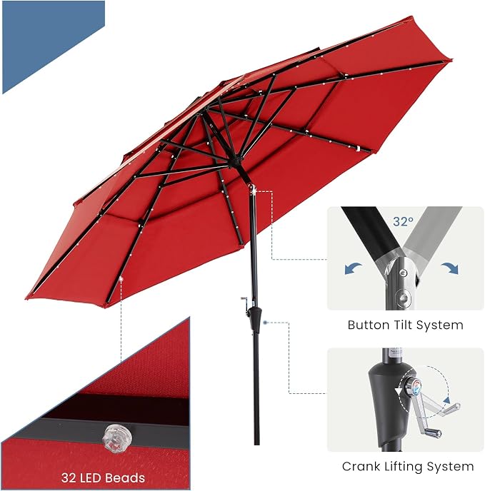 DUMOS Outdoor Solar Patio Umbrella 3 Tiers with 32 LED Lights, Beach Market Table Umbrella with Crank and 8 Sturdy Ribs for Pool, Terrace, Restaurant