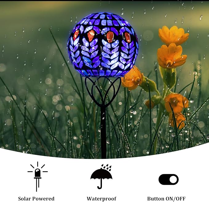VCUTEKA Decorative Solar Garden Lights, 6" Mosaic Globe Outdoor Stake | Mosaic Glass Design with Solar Light, Weather Resistant, Auto On/Off and Metal Stake Design For Lawn and Patio, Black