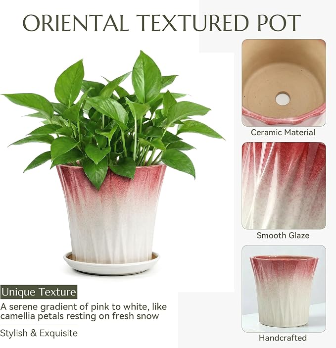 10 Inch Ceramic pots for Plants with Saucer Drainage Leak-Proof Mesh, Round Plant Pot with Gardening Gloves for Indoor Outdoor Plants (Rippled Pink)