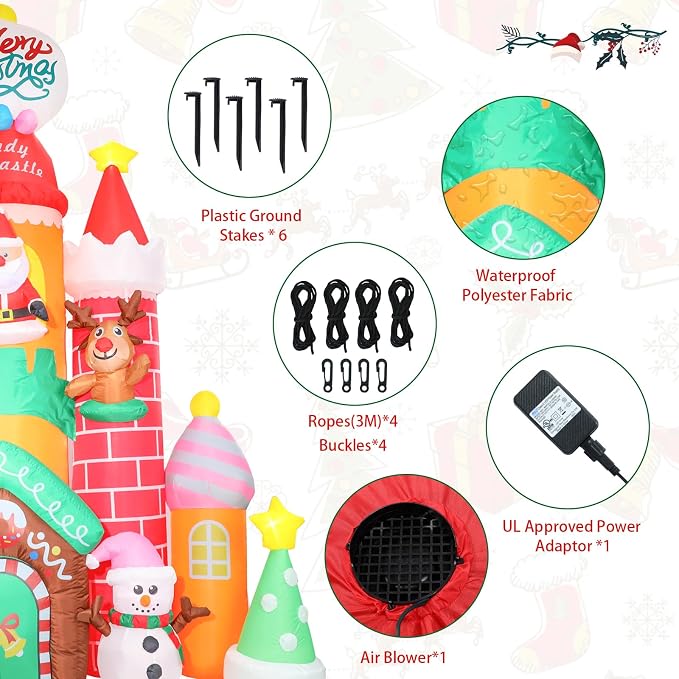 MUMTOP 10FT Christmas Inflatables Outdoor Decoration, Candy Castle Christmas Inflatable with Santa,Snowman,Elk,Penguin and Built-in Led Lights Blow Up Inflatable for Outdoor Party Garden Decoration