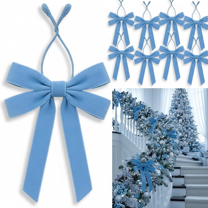 Soulchen 12 Pcs 20 Inches Christmas Garland Ties with Large Velvet Bows Reusable Holiday Wreath Twist Tie Bows for Banister Christmas Tree Indoor Outdoor Party Decorations (Blue)