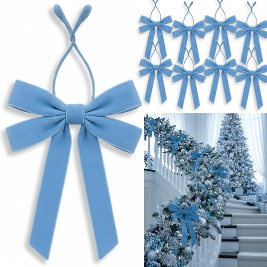 36 Pcs 20 Inches Christmas Garland Ties with Large Velvet Bows Decorative Reusable Twist Tie Bows for Banister Christmas Indoor Outdoor Holiday Wreath Decorations(Light Blue)