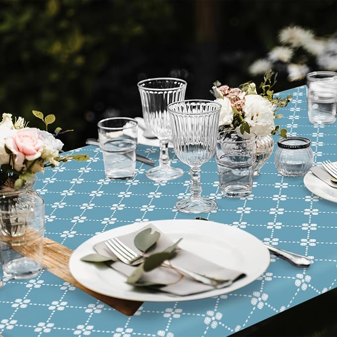 misaya Rectangle Vinyl Table Cloth, Elastic Fitted Tablecloth with Flannel Backing, Waterproof Plastic Table Cover Fits 8 Foot Folding Tables for Picnic, Camping and Outdoor (Lake Blue, 30" x 96")
