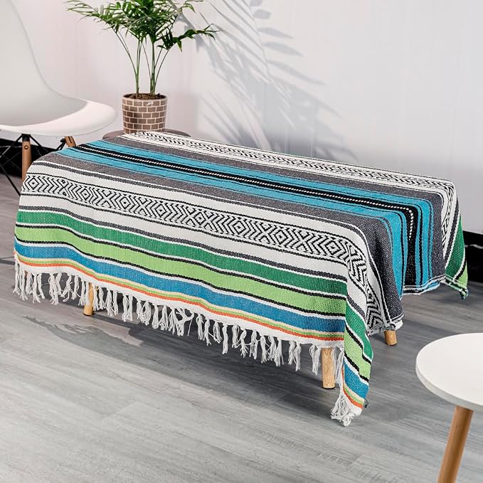 Airooglee 69" L x 51" W Large Mexican Blanket - Perfect as Yoga Blanket, Outdoor Blanket, Beach Blanket, Serape Blanket, Picnic Blanket, Camping Blanket, Woven Blanket, Boho Home Décor - Blue-Green