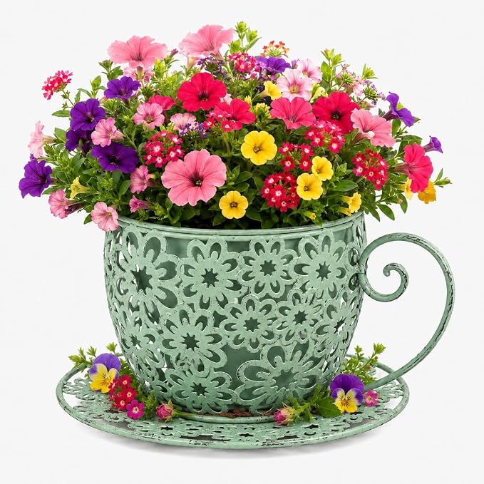 12 Inch Antique Metal Teacup Planter for Outdoor Plants Teapot Planter Floral Hollow Out Decorative Rustic Iron Flower Pot for Summer Garden Patio Home Decor (Vintage Green)