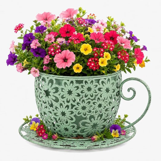 12 Inch Antique Metal Teacup Planter for Outdoor Plants Teapot Planter Floral Hollow Out Decorative Rustic Iron Flower Pot for Summer Garden Patio Home Decor (Vintage Green)