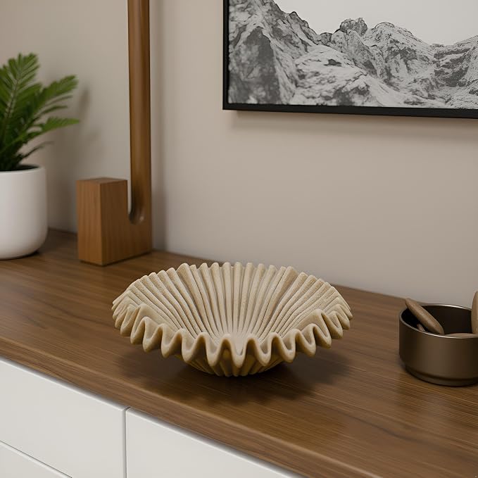 Large Decorative Bowl decor, Scalloped Pedestal Bowls for Modern Home Decor,Ruffle Decor,Stylish Key Bowl for Entry Table,Decorative Fruit Bowl for Kitchen Counter,Artificial Stone Beige
