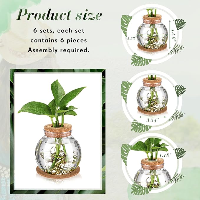 Baderke 9 Packs Propagation Vases for Plants Plastic Plant Propagation Station with Hole Lid and Cork Coasters Plant Growing in Water Hydroponic Home Office Table Decoration(Fish Bowl Style)