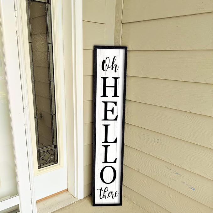 Oh Hello There Outdoor Welcome Sign For Front Porch Standing 45"X9" Large Rustic Farmhouse Vertical Tall Long Wooden Framed Outside Front Door Home Wall Decoration (Black)
