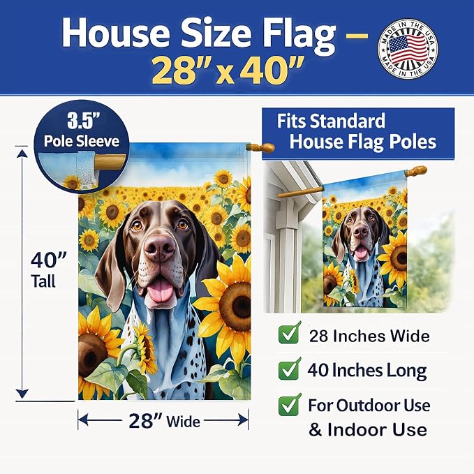 Caroline's Treasures DAC6085CHF German Shorthaired Pointer in Sunflowers House Flag Large Porch Sleeve Pole Decorative Outside Yard Banner Artwork Wall Hanging, Polyester, House Size, Multicolor