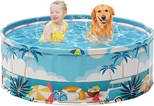 Foldable Kids Pool Hard Plastic Collapsible Deep Kiddie Pool Small Toddler Pools for Swimming, Backyard Dog Pool (Beach Party 47.2"x17.7")