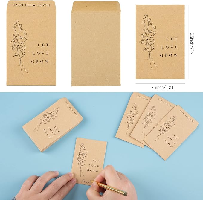 Whaline 200 Pack Wedding Favor Seed Packets Spring Summer Self-Adhesive Let Love Grow Retro Kraft Envelope Rustic Small Flower Seeds Storage Packets for Garden Wedding Party Favors, 3.5 x 2.4 Inch