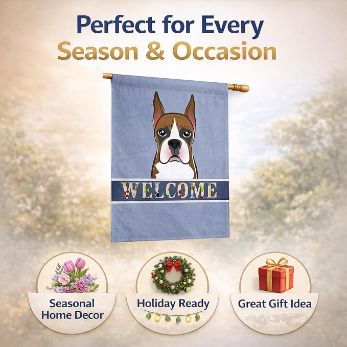 Caroline's Treasures BB1409CHF Boxer Welcome House Flag, Blue Large Porch Sleeve Pole Decorative Outside Yard Banner Artwork Wall Hanging, Polyester, House Size, Multicolor