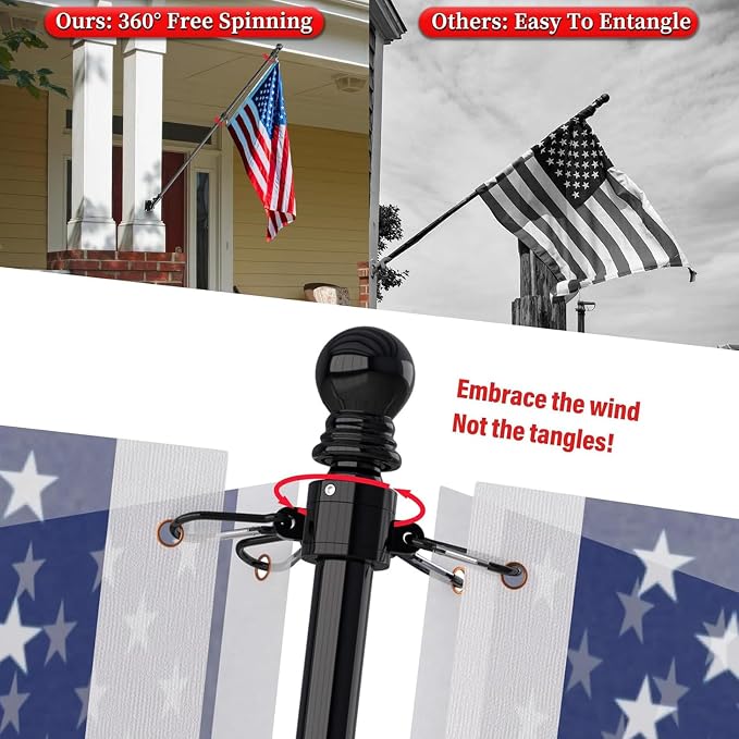 ZMTECH American Flag with Pole- 6FT 1" Stainless Steel Flag Poles with Holder for Outside House, Upgraded Tangle Free Rings and Bracket, Residential or Commerical (Black, No Light)