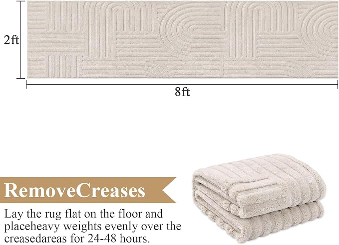 SHACOS Soft Cozy Fluffy Arch Pattern High-Low Pile Runner Rugs 2'x8' Non Slip Washable Scandinavian Minimalist Rug Runner Modern Geometric Carpet for Living Room Bedroom Bathroom Hallway, Beige
