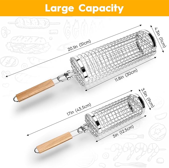 2 Pcs Rolling Grill Baskets for Outdoor Grill Accessories, BBQ Grilling Basket for Vegetables Shrimp Kebob, Thickened Stainless Steel Mesh, Split-Body Design, Perfect Grill Gift for Men, Dad, Husband