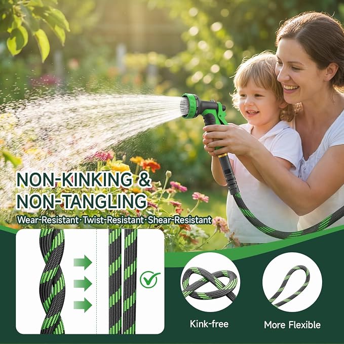 Non-Expandable Garden Hose 75 FT, Heavy-Duty & Flexible Water Hose with 10-Function Nozzle, Kink-Free & Leak-Proof Design, Ultra Lightweight Portable Yard Hose for Lawn, Car, Outdoor Use