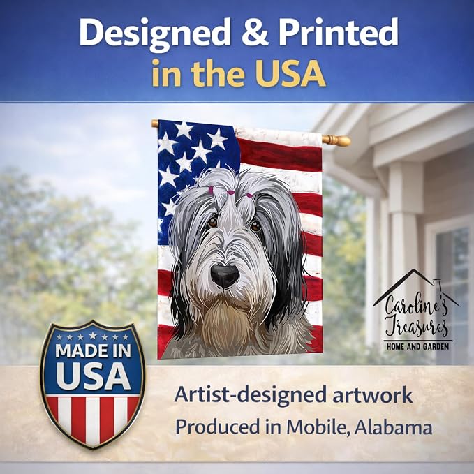 Caroline's Treasures CK6654CHF Polish Lowland Sheepdog American Flag House Flag Large Porch Sleeve Pole Decorative Outside Yard Banner Artwork Wall Hanging, Polyester, House Size, Multicolor