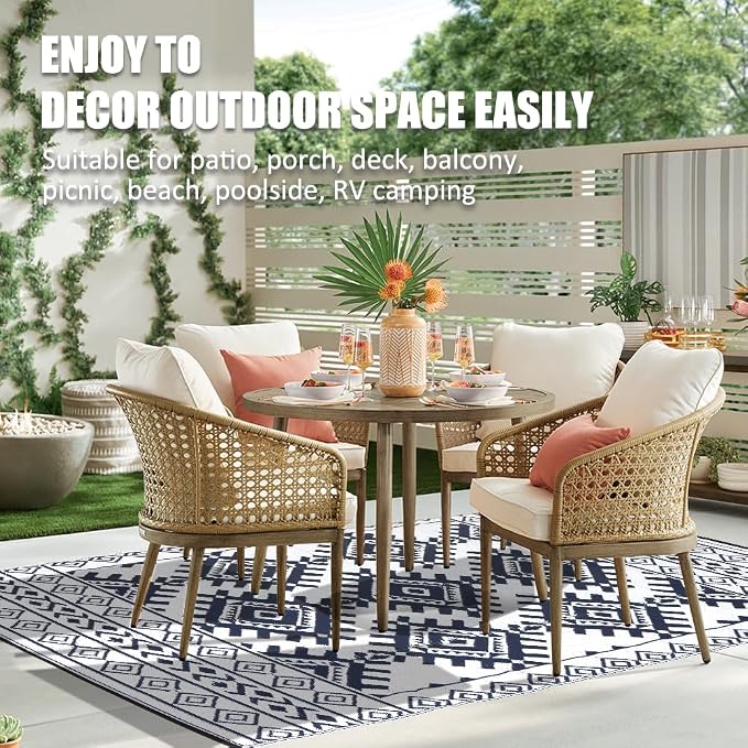 Pendolr 5’x8’ Outdoor Rug Waterproof Carpet Patio Mat Outdoor Plastic Straw Rug Camping Rug Reversible Outside Outdoor Area Rug for Balcony Deck Backyard RV Picnic Beach Navy&White 03#