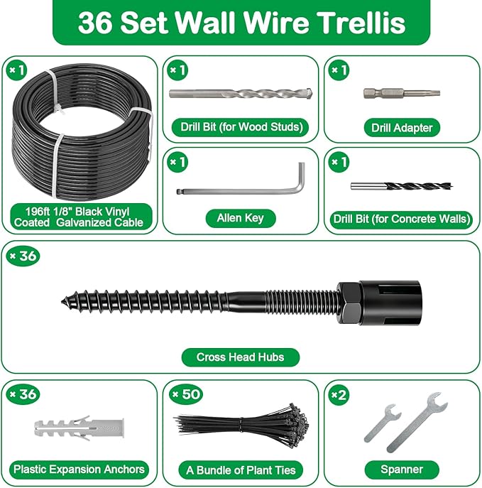 TooTaci Wire Trellis for Climbing Plants Outdoor, 36 Set Black Wall Wire Trellis Kit with 196ft 1/8 Vinyl Coated Cable, Modern Minimalist Support System for Wall, Fence, DIY Plant Training