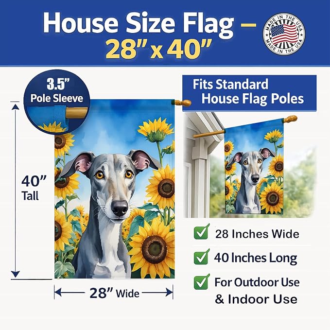 Caroline's Treasures DAC6096CHF Greyhound in Sunflowers House Flag Large Porch Sleeve Pole Decorative Outside Yard Banner Artwork Wall Hanging, Polyester, House Size, Multicolor