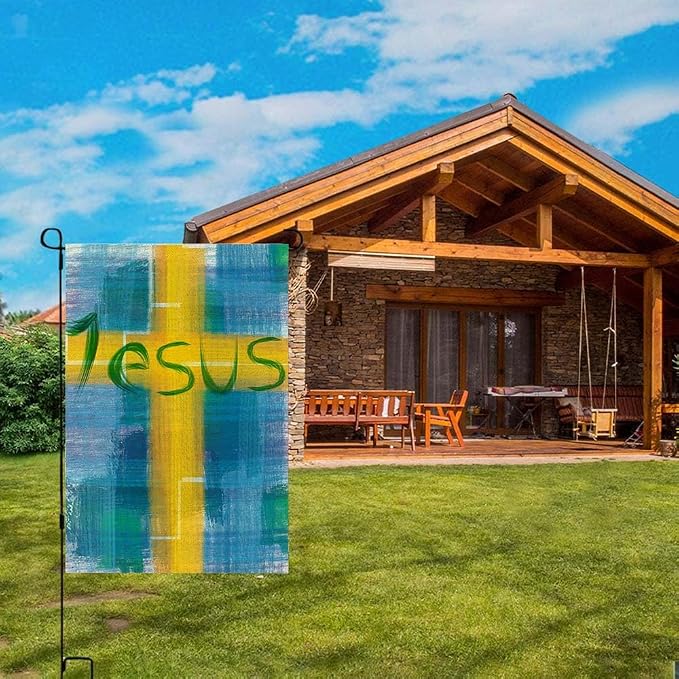 EMMTEEY Easter Garden Flag Double Sided 12.5X18 Inch Yard Decor Garden Flags Jesus Lettering Design Housewarming Modern Blue Yellow Outdoor Garden Flag