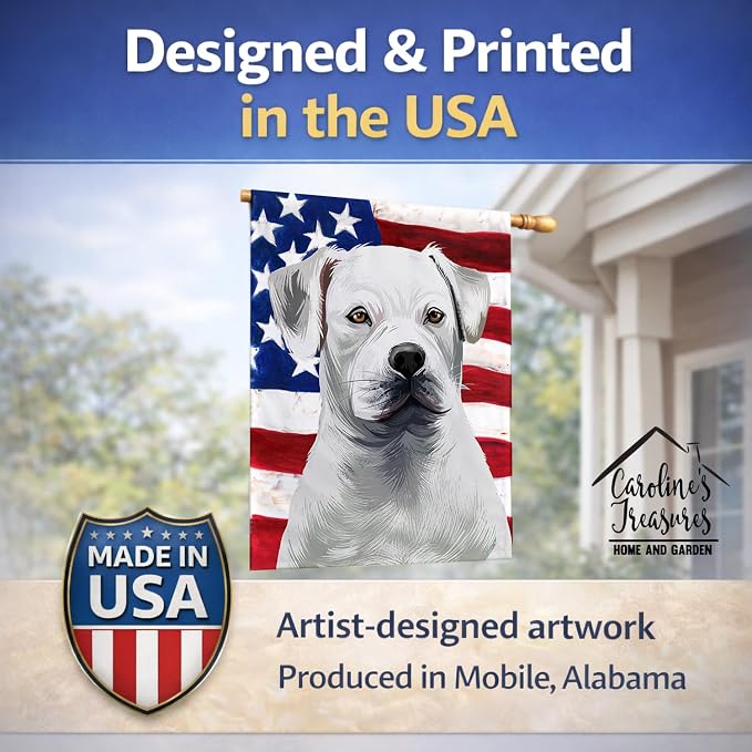 Caroline's Treasures CK6395CHF American Bulldog American Flag House Flag Large Porch Sleeve Pole Decorative Outside Yard Banner Artwork Wall Hanging, Polyester, House Size, Multicolor