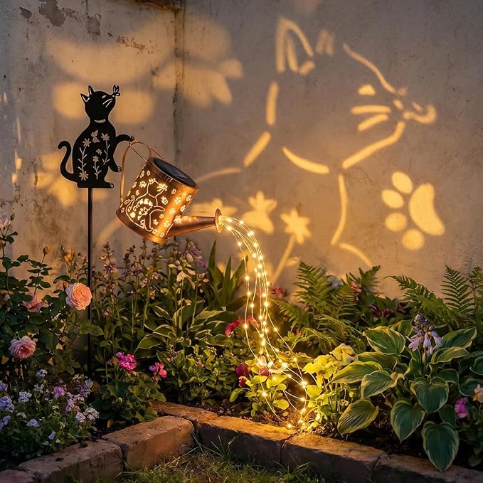 Solar-Powered Cat Watering Can Lights with Metal Cat Statue Silhouette Pillar Garden Feature Light, for Christmas, Mother's Day, Birthday Gifts, Garden, Lawn, and Courtyard Decorations