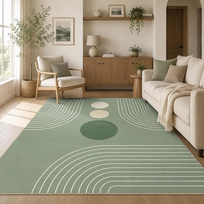 Area Rug 5x7 Boho Modern Minimalist Geometric Abstract Rug Sage Green Mid Century Modern Rug for Living Room Machine Washable Non-Slip Printed Low Pile Indoor Carpet for Bedroom Dining Room Office