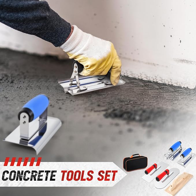 MorningRo 6pcs Concrete Hand Tools Set Masonry Tools Includes Stainless Steel Concrete Hand Edger, Groover, Wood Float, Finishing Trowel, Pool Trowel and Tool Bag for Cement Beginner Kit