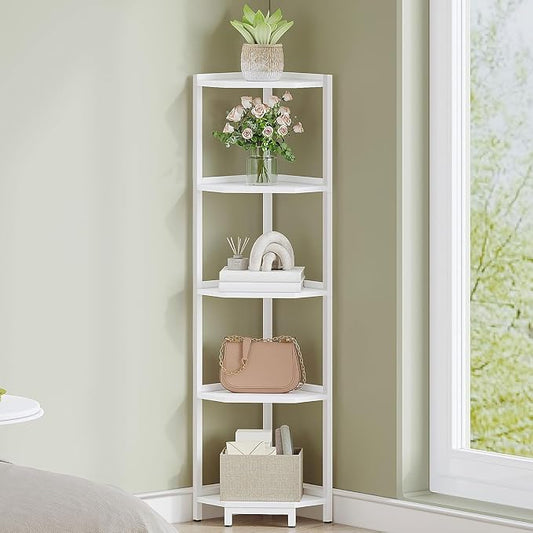 Hzuaneri Corner Shelf Stand, Corner Bookshelf, Storage Standing Shelf Unit with Metal Frame, Plant Stand, Bookcase for Living Room, Home Office, Bedroom, 5-Tier White CS05913W