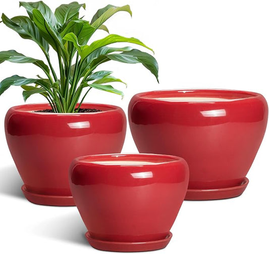 Ceramic Plant Pots, 10+8+6 Inch Ceramic Planters with Drainage Holes and Saucers, Round Decorative Pots for Plants Indoor Outdoor, House Decor, Gifts for Plant Lovers, Set of 3, Bright Red