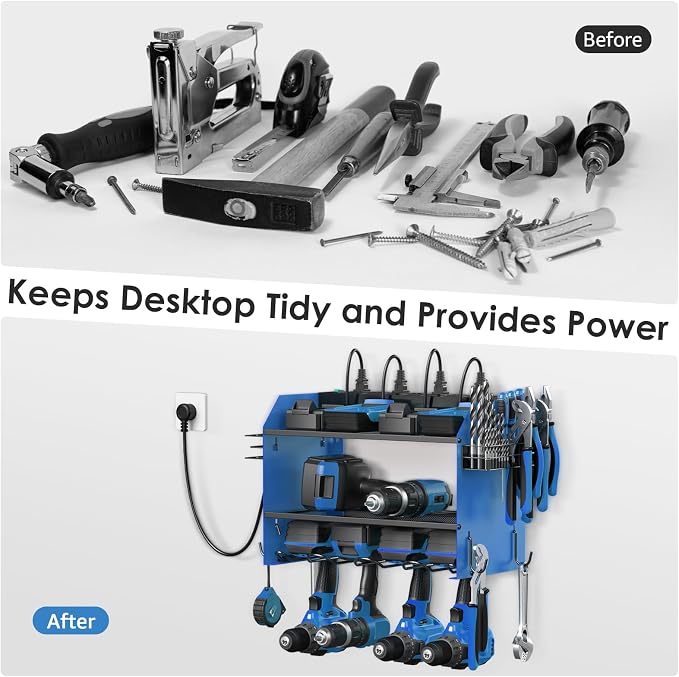 CCCEI Wall Mount Modular Tool Charging Organizer, Blue, 1 Pack, 3 Tier. | Drill Battery Storage Rack with Hooks, Garage Workshop, Gifts for Men, Dad, Husband Anniversary, Birthday, Christmas