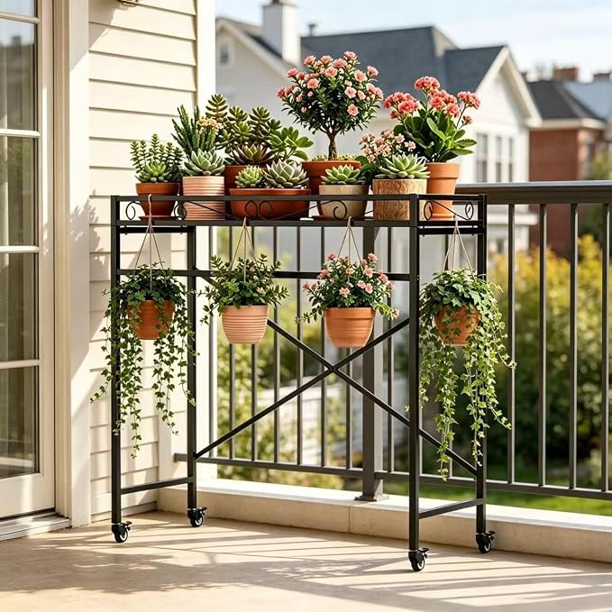 Zhongma 1 Tier Window Height Sturdy Metal Plant Stand with Wheels, 40.5x16x40.4 in High, Heavy Duty Succulent Shelf for Home Indoor and Outdoor, 220 LBS Capacity & Heavy Duty Construction