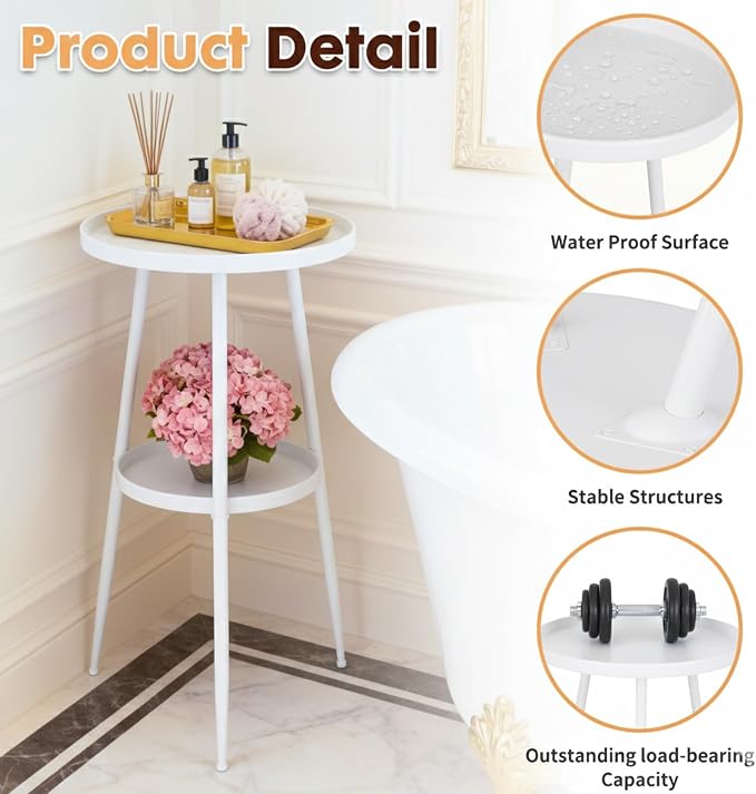 ShellKingdom Small Round Side Table, 2 Tier Metal End Table for Indoor Outdoor Bedroom Living Room Home Office Nightstand (White)