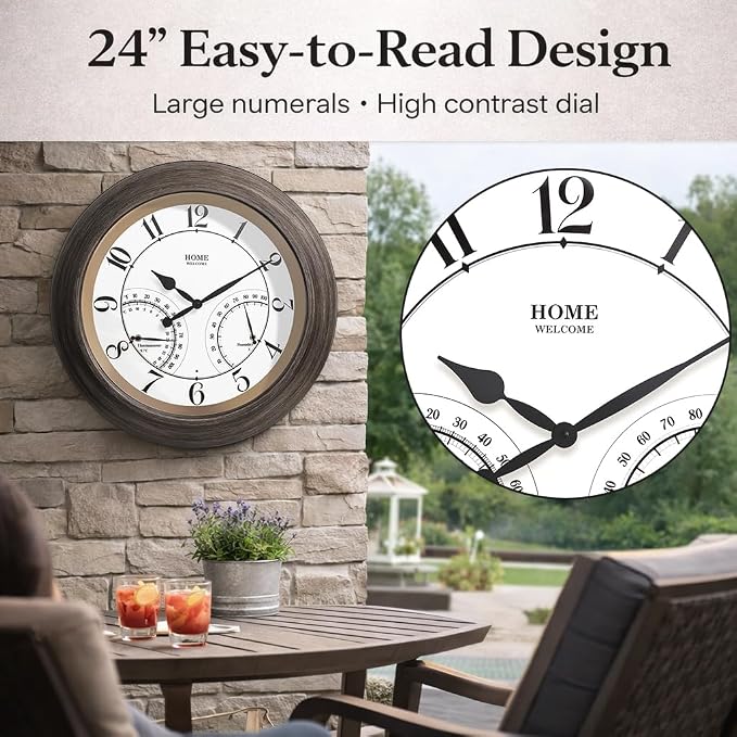 Pytha Sight 24 Inch Outdoor Clocks Waterproof, Large Easy-to-Read Illuminated Outdoor Wall Clock with Smart Light Sensor, Silent Large Outdoor Clock for Patio, Pool,Porch,Garden,Backyard