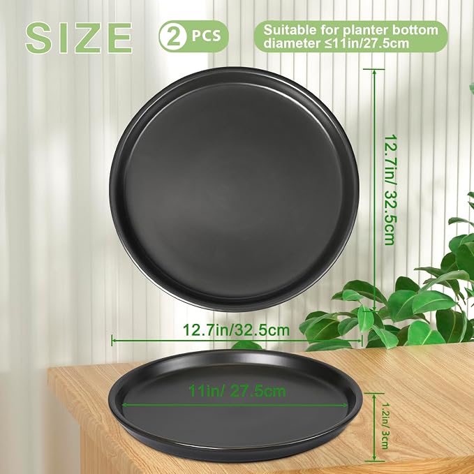 Plant Trays for Indoors No Holes - Ceramic Plant Saucers 12 inch Plants Water Catcher Trays Drainage Large Plant Pot Saucers Decorative Flower Pot Saucers 2 Pack Black
