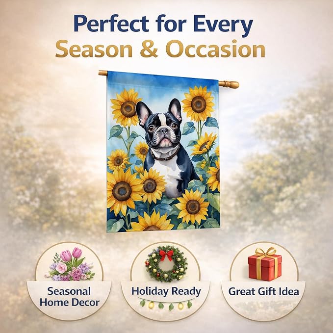 Caroline's Treasures DAC6082CHF French Bulldog in Sunflowers House Flag Large Porch Sleeve Pole Decorative Outside Yard Banner Artwork Wall Hanging, Polyester, House Size, Multicolor