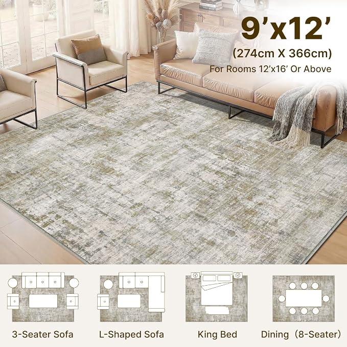 9x12 Area Rugs Washable Modern Abstract Living Room Bedroom Rug | Non Slip Soft Carpets Indoor Floor Stain Resistant Large Carpet for Bedroom Dining Room Farmhouse Nursery Home Office