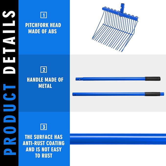 Lasnten 3 Sets Manure Fork with Long Handle, All Metal Head & Handle, Pitch Fork Manure Rake Heavy Duty Dustproof Muck Rake for Gardening Horse Stable Grass Hay Cleaning Farm Work (Blue)
