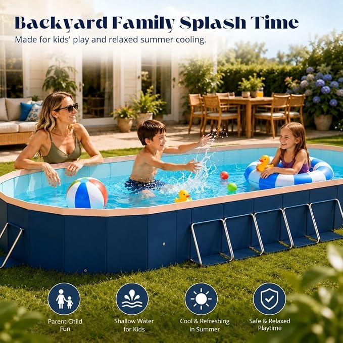 12 ft Foldable Non-Inflatable Swimming Pool, 143.70 x 98.43 x 19.69 in, Blue PVC Backyard Pool with Aluminum Alloy Triangle Supports for 3 Adults and 5 Children