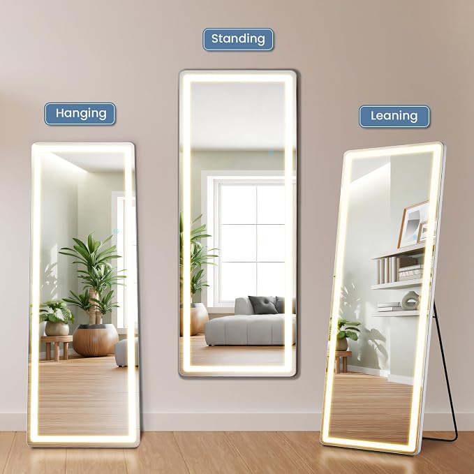 26"x71" LED Full Length Mirror with Stand, Full Body Wall Mirror | LED Lights 3 Color Lighting, Wall Hanging or Leaning, Floor Standing, Modern Simple Home Wall Decor