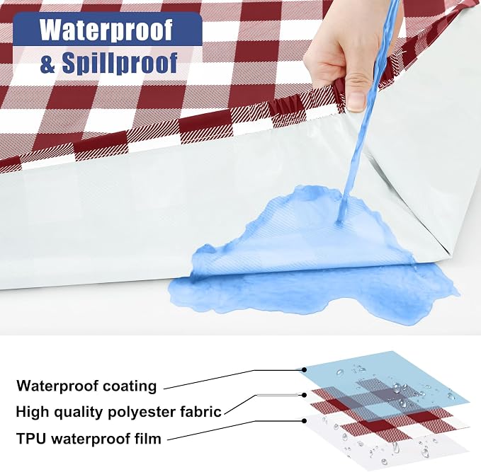 Smiry Picnic Table Cover with Bench Covers, Waterproof Elastic Fitted Tablecloths for 8 Foot Rectangle Tables, Washable Buffalo Plaid Tablecloth for Camping, Outdoor (Burgundy & White, 30"x96")