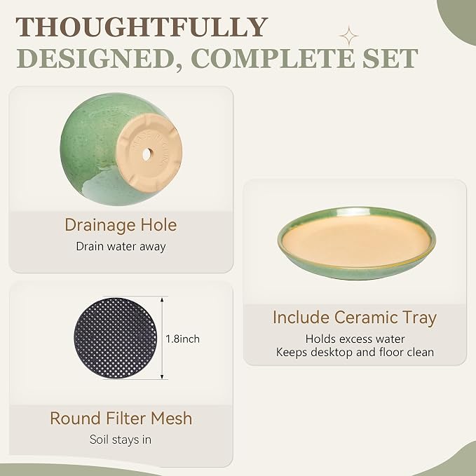 7.5 Inch Ceramic Plant Pot with Drainage Hole Mesh Net,Modern Gardening Pots for Indoor Plants with Saucer, Crackle Green
