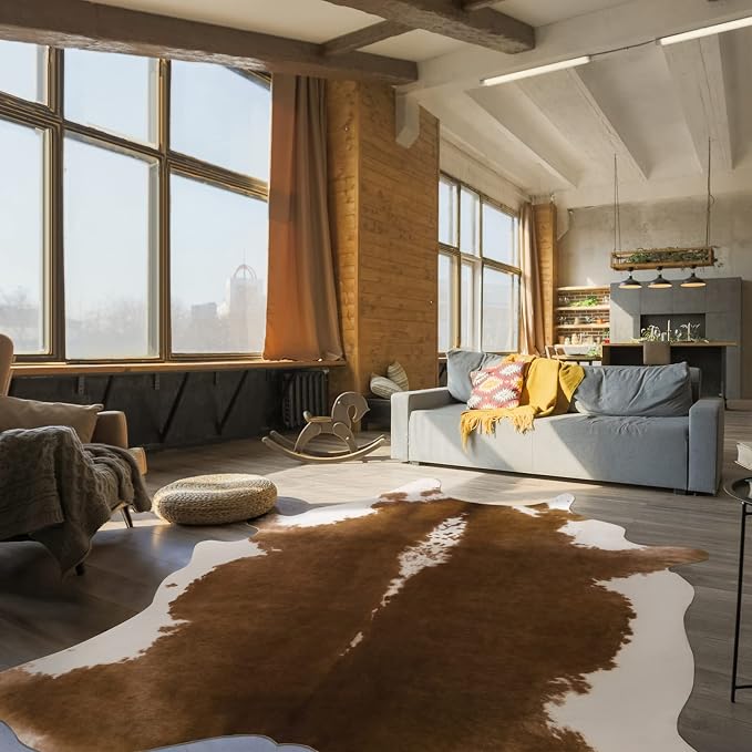 BENRON Faux Cowhide Rug, Cow Print Rug for Living Room Bedroom 6.2x7ft | Western cow hide rug for Cowboy Cowgirl Home Decor, Washable Rugs with Irregular Animal Skins and Hides Non Slip, Khaki Brown