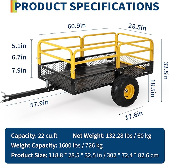 Garvee ATV UTV Trailer Tow Behind Dump Cart, 1600Lbs 22 Cubic Feet, Heavy Duty Yard Garden Trailer Pull Behind Dump Trailer for Lawn Mower Tractor | 1600Lbs 22 Cubic Feet, Heavy Duty Yard Garden Trailer Pull Behind Dump Trailer for Lawn Mower Tractor