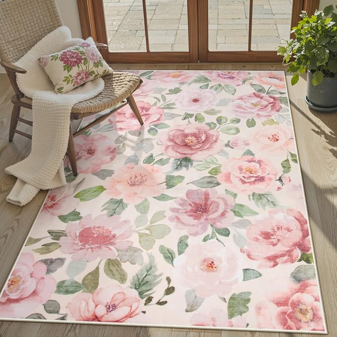 Lahome Beige Multi Floral Washable Rug 3x5 for Entryway and Bathroom | Soft Bedroom Rug, Ultra-Thin Home Decor Small Carpet for Kitchen, Kids Room, Office, College Dorm