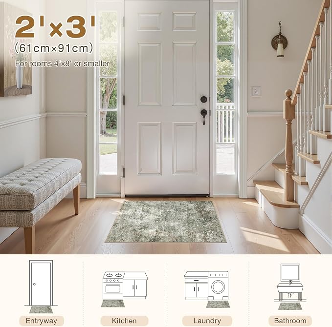 Tortania Area Rug Living Room Rugs - 2x3 Washable Soft Neutral Boho Moroccan Farmhouse Mat Indoor Floor Carpet for Bedroom Under Dining Table Home Office Decor - Olive Brown
