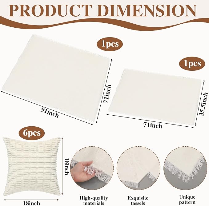 Novabright Picnic Kit Folding Picnic Table Extra Large Outdoor Boho Blanket Beige Table Runner Floor Pillow Covers Woven Cotton Oversize Washable for Camp Wedding (Cream White,Pillow Covers,10 Pcs)