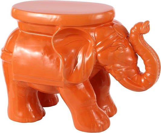 JONATHAN Y White Elephant 14.25" Glazed Ceramic Elephant Garden Stool, Weather-Resistant Indoor/Outdoor Patio Side Table and Plant Stand, Bohemian, Orange TBL1007C